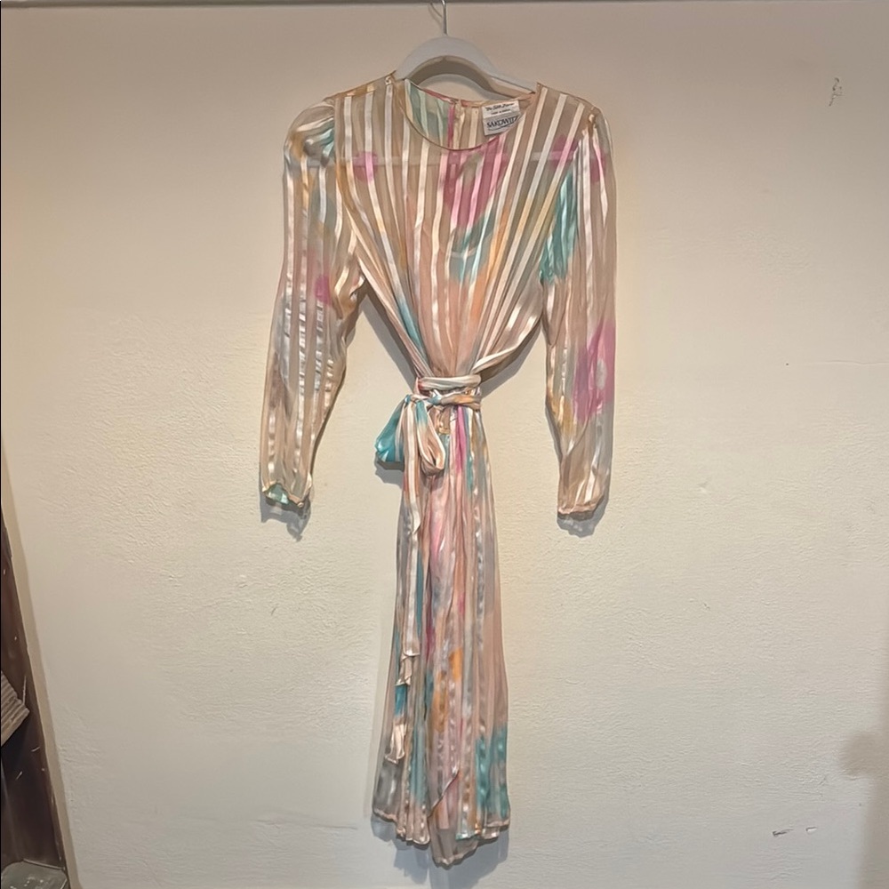 Vintage printed organiza silk sakowitz Multicolor Striped Dress with slip